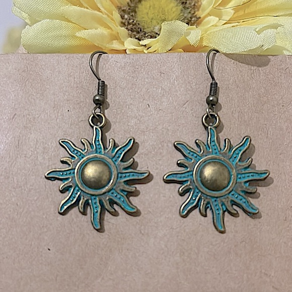 🆕 Bohemian Bronze Sun Charm Fish Hook Drop Dangle Earrings